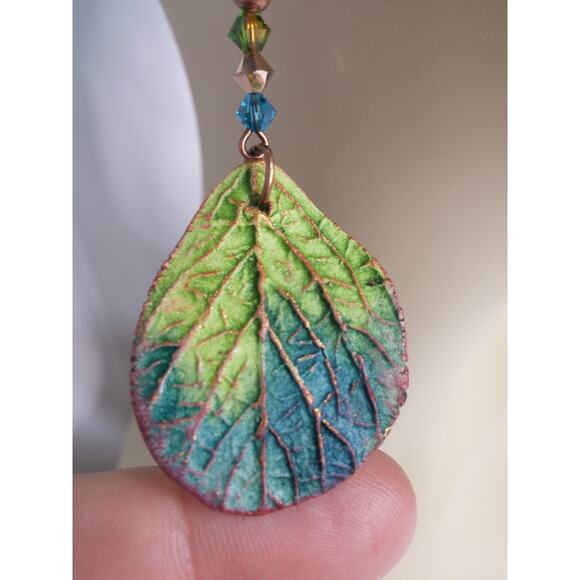 Artisan Copper Green Leaf Earrings Statement Dangles Colorful Swarovski Crystals - Picture 6 of 11